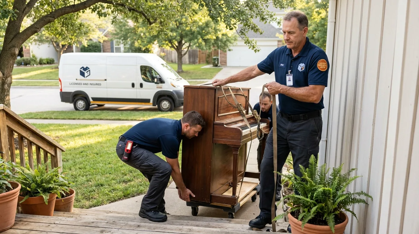 Licensed piano movers securing grand piano in Osage Beach, MO