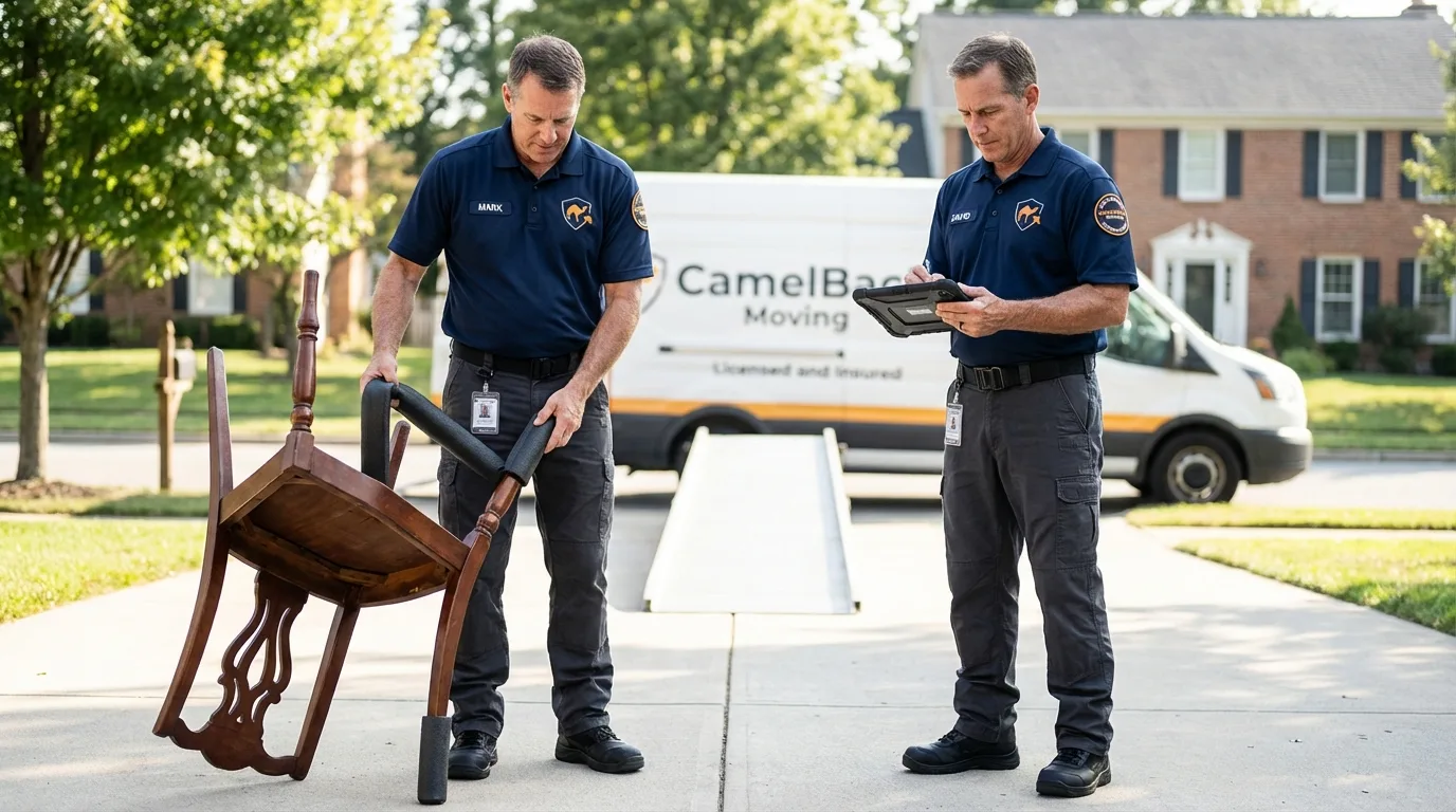 Movers inspecting furniture for damage prevention before loading in Osage Beach, MO