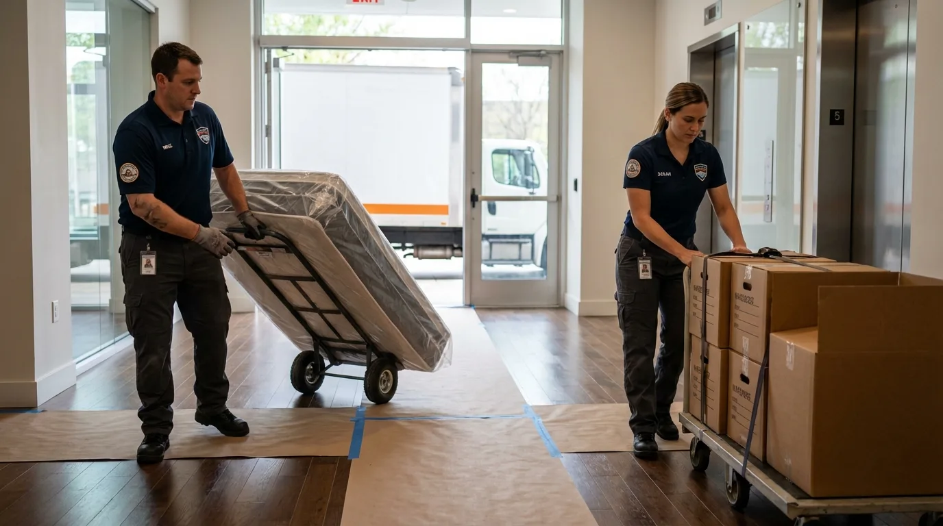 Professional apartment movers loading elevator in Osage Beach, MO