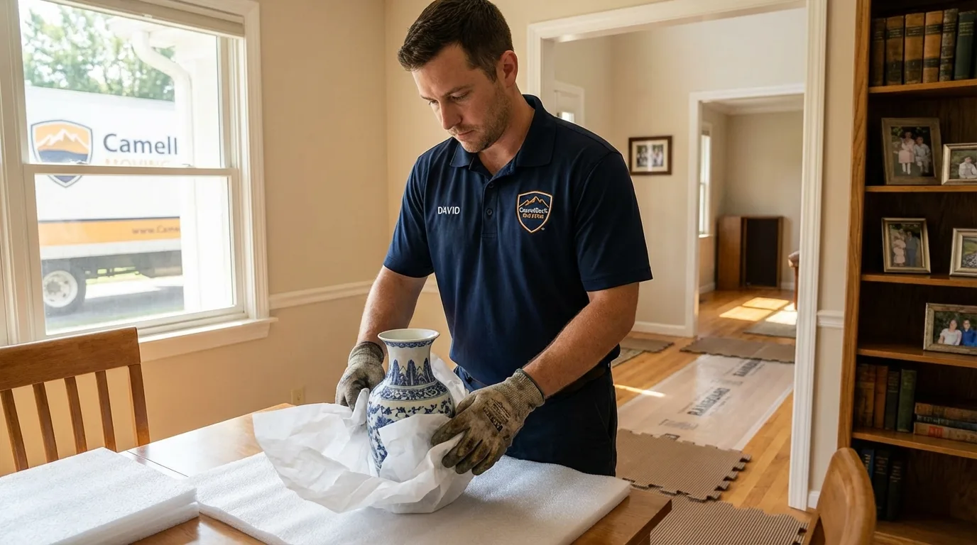 Professional crew carefully wrapping antique vase for senior downsizing move in Osage Beach, MO